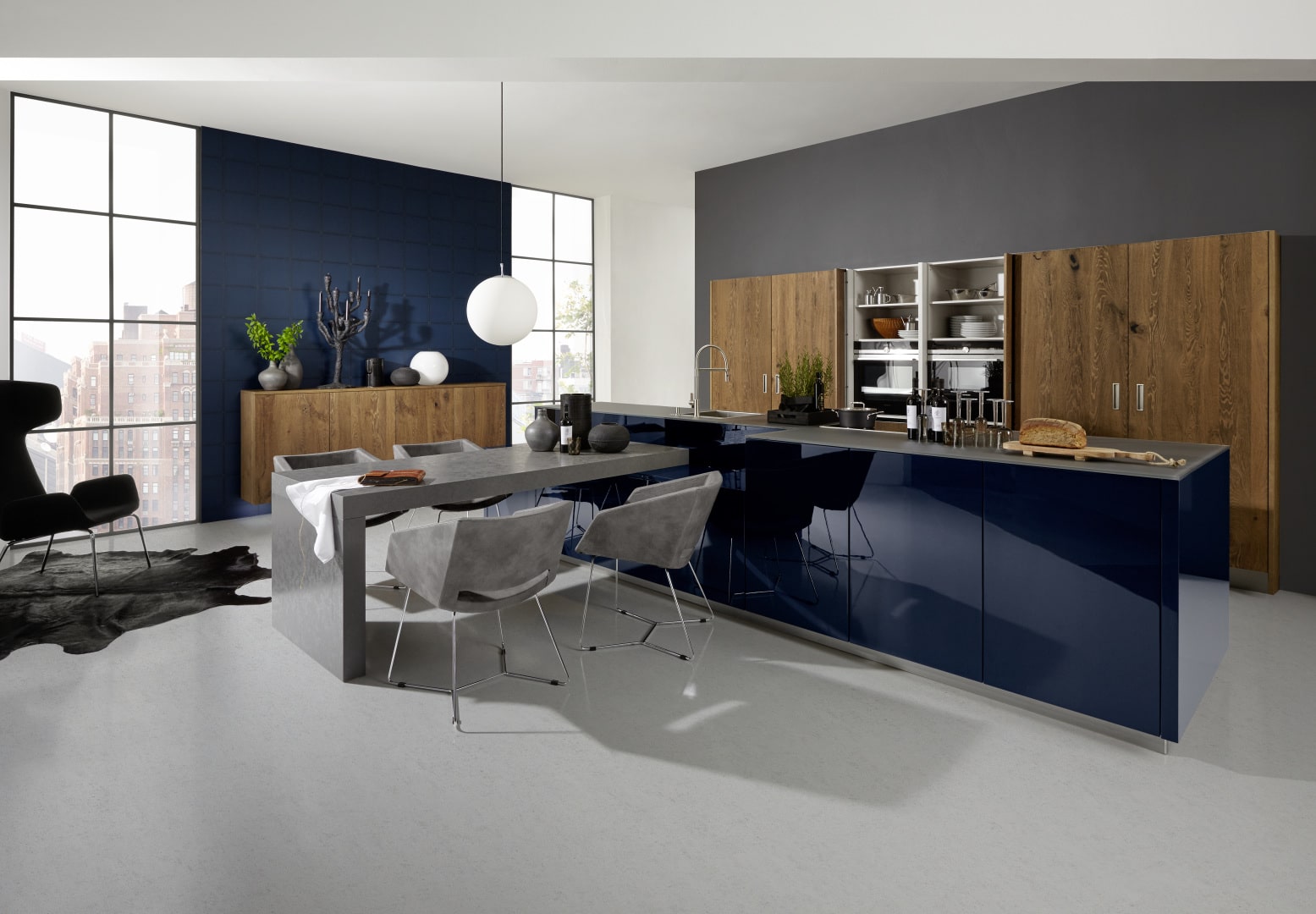 cuisiniste professionnel moderne et design contemporain îlot central bois et laque